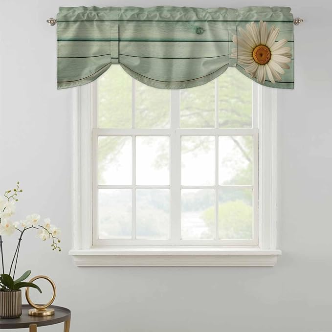 Daisy Flower Tie Up Valance Curtains for Windows, Kitchen Curtains Window Shades, Modern Art Floral Farmhouse Teal Wooden Grain Light Filtering Roman Curtain Valances for Bedroom/Bathroom/Cafe 42"x12"