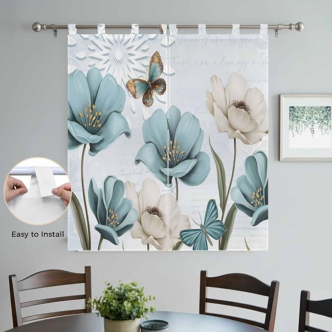 Blue Tulips Bedroom Curtains 72 Inch Length, Window Curtains Tab Top, Watercolor Flowers Butterfly Spring Farmhouse Blue Light Filtering Window Treatments Drapes 52"x72" 2 Panel
