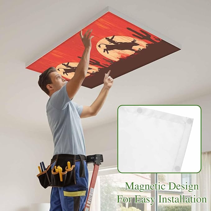 Fluorescent Light Covers for Drop Ceiling Western Cowboys Horse Riding on Red Magnetic Light Filters, Abstract Cactus Desert Ceiling Shade Filters for Home Classroom Office,2x4 ft,1Pack