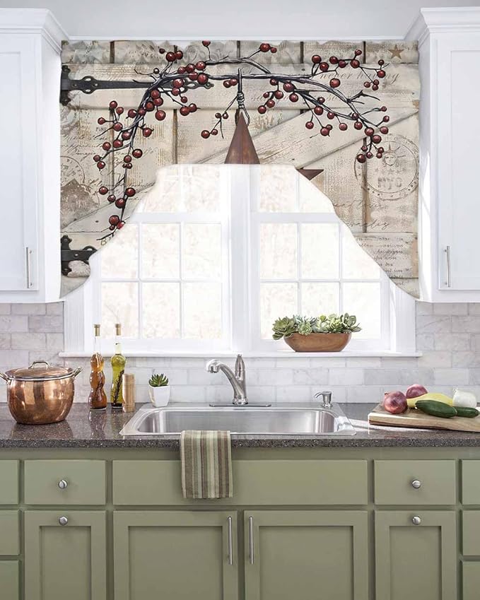 Village Stars Swag Kitchen Curtains Valance and Tier Set, Vintage Rust Yellow Star Berry Beige Barn Doors Light-Filtering Swag Valance, Rod Pocket Short Curtain for Bedroom Cafe, 56x36 inches