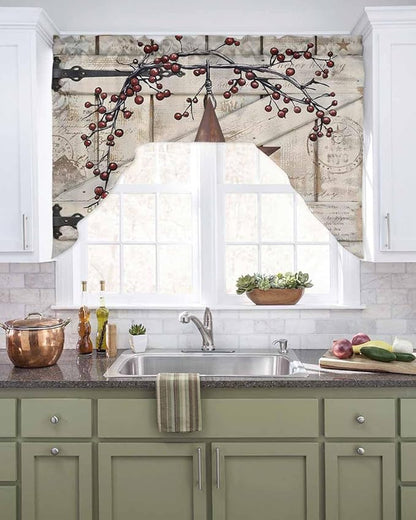 Village Stars Swag Kitchen Curtains Valance and Tier Set, Vintage Rust Yellow Star Berry Beige Barn Doors Light-Filtering Swag Valance, Rod Pocket Short Curtain for Bedroom Cafe, 56x36 inches