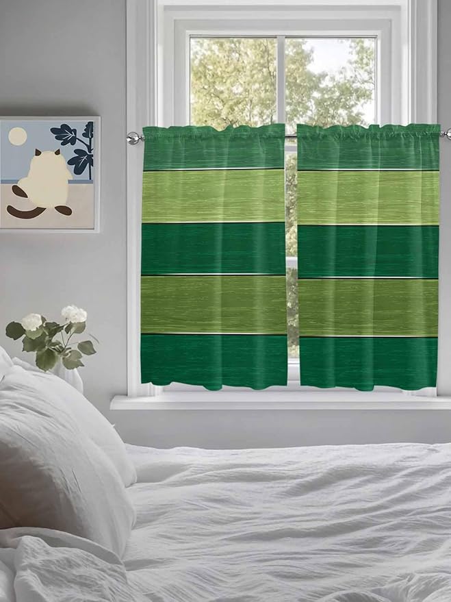 Farm Retro Green Wood Grain Window Valance Curtains, Rustic Wooden Plank Texture Light Filtering Kitchen Valance with 3-inch Rod Pocket for Living Room Bathroom Bedroom,2 Panel,52x54In