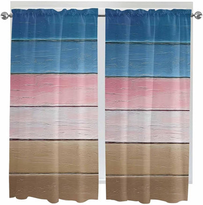 Blue Pink Brown Gradient Wood Grain Window Valance Curtains, Vintage Wood Board Light Filtering Kitchen Valance with 3-inch Rod Pocket for Living Room Bathroom Bedroom,2 Panel,42x63In