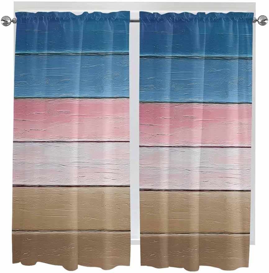 Blue Pink Brown Gradient Wood Grain Window Valance Curtains, Vintage Wood Board Light Filtering Kitchen Valance with 3-inch Rod Pocket for Living Room Bathroom Bedroom,2 Panel,52x72In