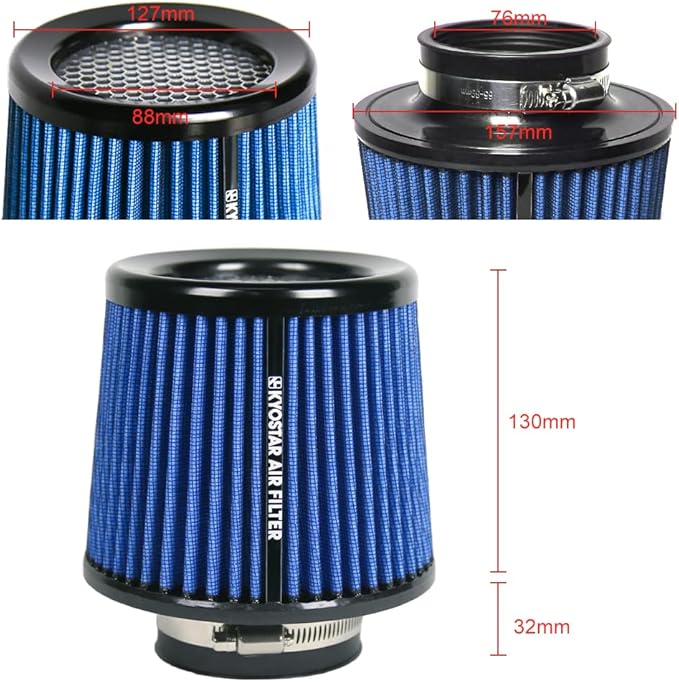 Universal 3" 76mm High-Flow Air Filter, Reusable Cone Cold Air Intake, High Performance, Washable, Clamp-On Car High Flow Dry Air Kit, Flange Diameter: 3 Inch, Filter Height: 6.4 Inch, Green