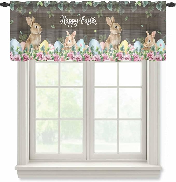 Easter Sheer Valances for Windows 42"x12", Light Filtering Kitchen Curtains Valance, Spring Watercolor Bunny Eggs Flower Leaf Wood Grain Rod Pocket Chiffon Curtains for Living Room Bedroom Cafe