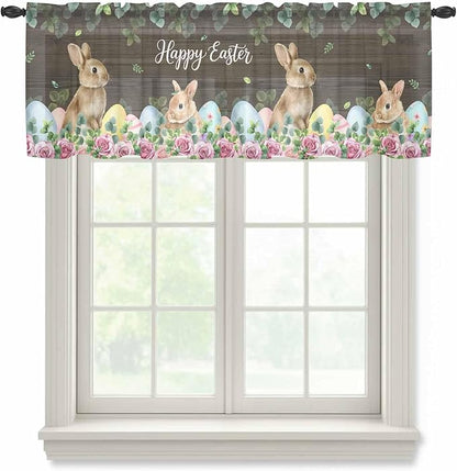 Easter Sheer Valances for Windows 42"x18", Light Filtering Kitchen Curtains Valance, Spring Watercolor Bunny Eggs Flower Leaf Wood Grain Rod Pocket Chiffon Curtains for Living Room Bedroom Cafe