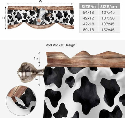 Cow Printed Tie Up Valance Curtains for Windows, Kitchen Curtains Window Shades, Farmhouse Watercolor Country Wooden Grain Light Filtering Roman Curtain Valances for Bedroom/Bathroom/Cafe 42"x12"