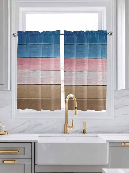 Blue Pink Brown Gradient Wood Grain Window Valance Curtains, Vintage Wood Board Light Filtering Kitchen Valance with 3-inch Rod Pocket for Living Room Bathroom Bedroom,2 Panel,42x45In