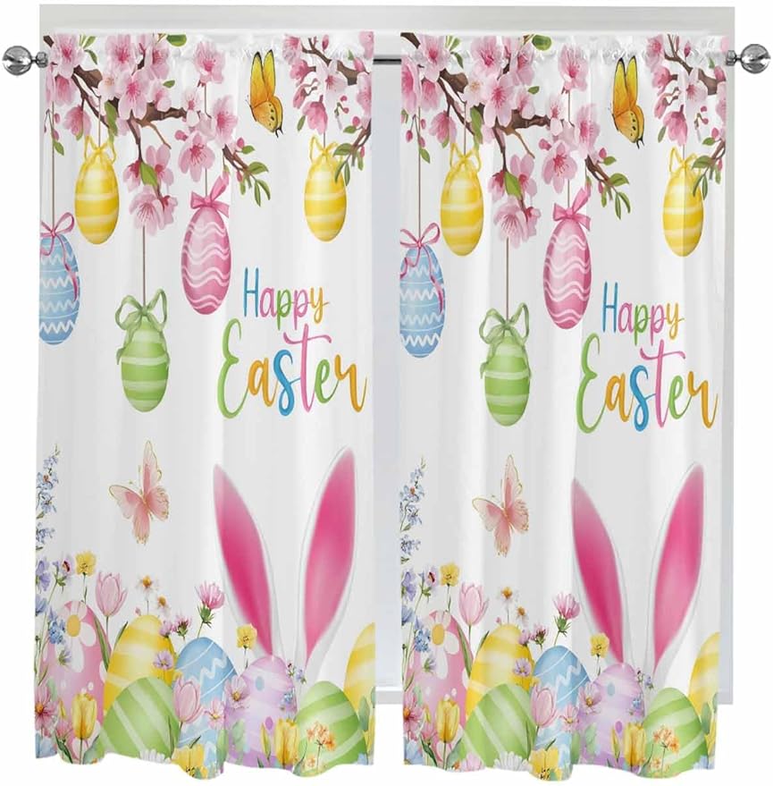 Happy Easter Bedroom Curtains 63 Inches length, Spring Watercolor Bunny Eggs Flower Branch Window Treatment Curtain Drapes, Rod Pocket Curtain Panels for Living Room Kitchen, 42"x63", 2 Panels