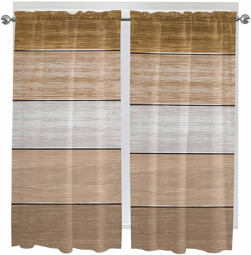 Retro Farm Wood Board Window Valance Curtains, Brown Graduality Striped Light Filtering Kitchen Valance with 3-inch Rod Pocket for Living Room Bathroom Bedroom,2 Panel,52x72In