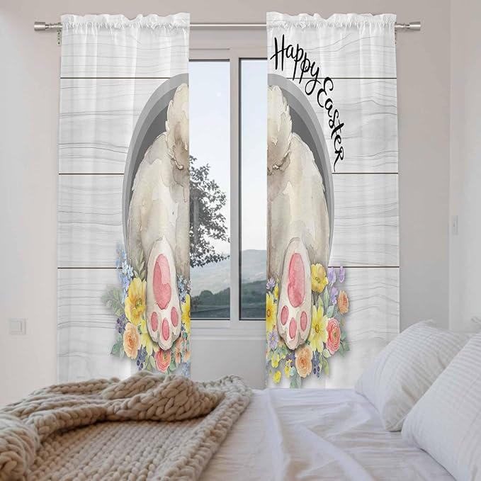 Easter Bunny Window Curtains 72 Inch Long 2 Panel Set,Rod Pocket Long Curtains & Drapes,3D Optical Illusion Farmhouse Flower Wood Grain Light Filtering Window Treatment for Bedroom 52"W x 72"L