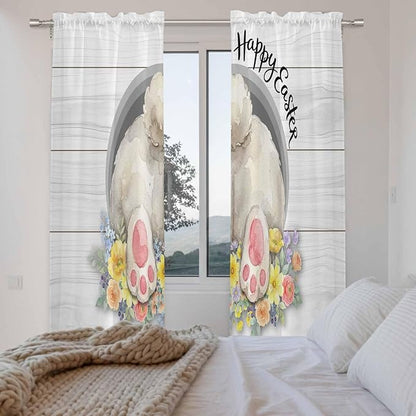 Easter Bunny Window Curtains 72 Inch Long 2 Panel Set,Rod Pocket Long Curtains & Drapes,3D Optical Illusion Farmhouse Flower Wood Grain Light Filtering Window Treatment for Bedroom 52"W x 72"L
