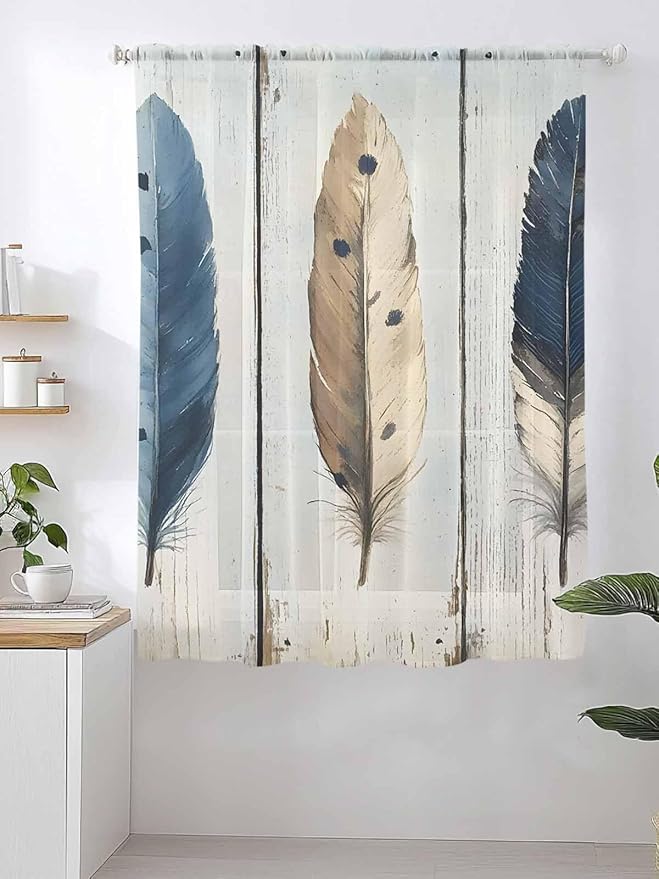 Sheer Curtains 72 Inches Long, Farmhouse Feather Semi Sheer Curtains Light Filtering Window Treatment, Watercolor Vintage Wooden Grain Privacy Voile Drapes for Living Room Bedroom 52x72 Inch