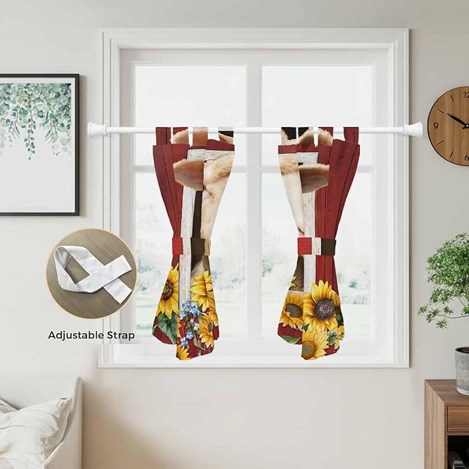 Sheep Sunflower Bedroom Curtains 63 Inch Length, Window Curtains Tab Top, Country Red Farm Barn Spring Flowers Light Filtering Window Treatments Drapes 42"x63" 2 Panel
