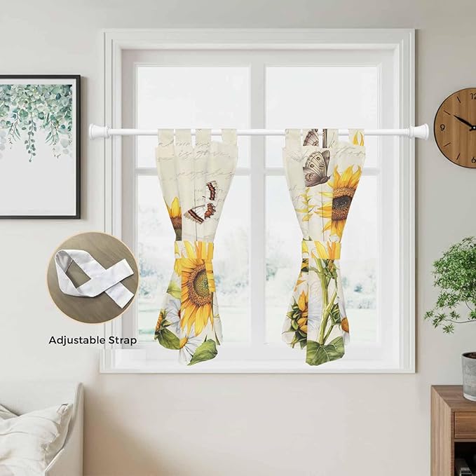 Farm Sunflowers Kitchen Curtains 45 Inch Length, Short Cafe Window Curtains Tab Top, Retro Flowers Butterfly Botanical Beige Light Filtering Window Treatments Tier Drapes 27.5"x45" 2 Panel