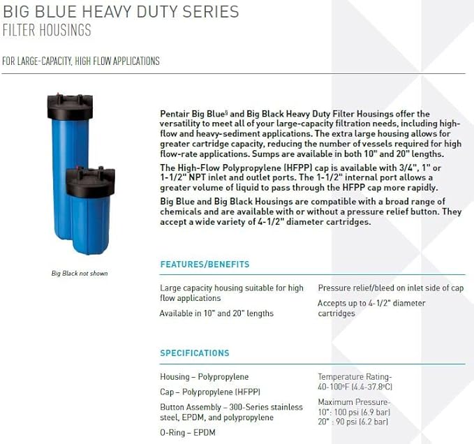 Pentair Pentek 150235 Big Blue Filter Housing, 1 1/2" NPT #20 Whole House Heavy Duty Water Filter Housing with High-Flow Polypropylene (HFPP) Cap and Pressure Relief Button, 20-Inch, Black/Blue