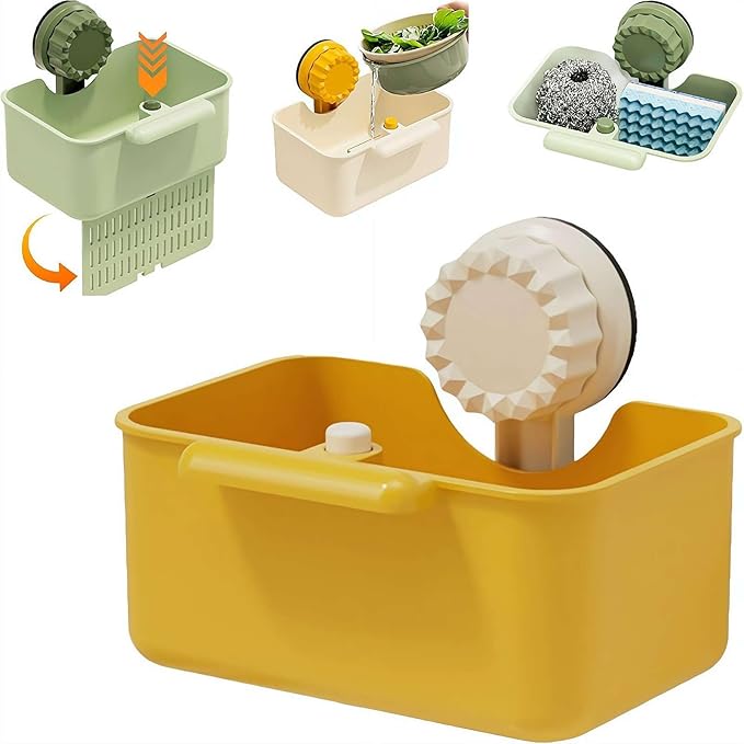Kitchen Sink Strainer Drainer Basket with Suction Cup,Food Waste Filter Basket,Sponge Brush Holder for Kit-chen Home,Efficient Kitchen Waste Management (Yellow)