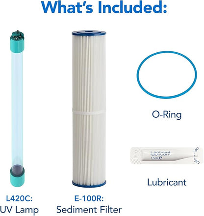 Kind Water Replacement Filter Set – Sediment Filter, UV Lamp & Quartz Sleeve – Fits E-2000 UV Whole House System – Annual Maintenance Kit for Clean, Safe Water