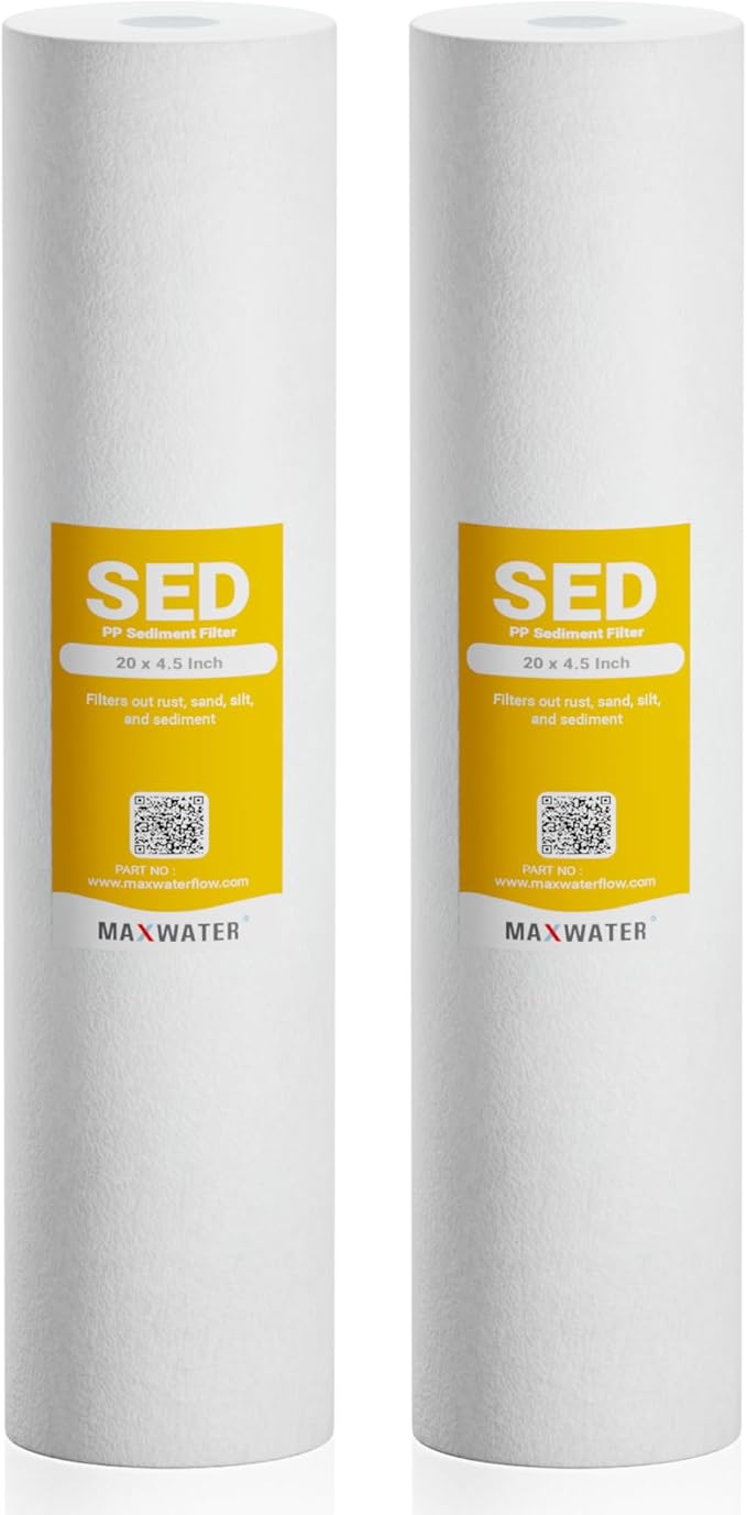 Max Water 1 Micron 20 x 4.5 Sediment Water Filter Cartridge - Whole House Water Filter Replacement Cartridge for Well Water System Compatible with DGD-5005-20, FP25B, AP810-2, FPMB5-20, 2-Pack