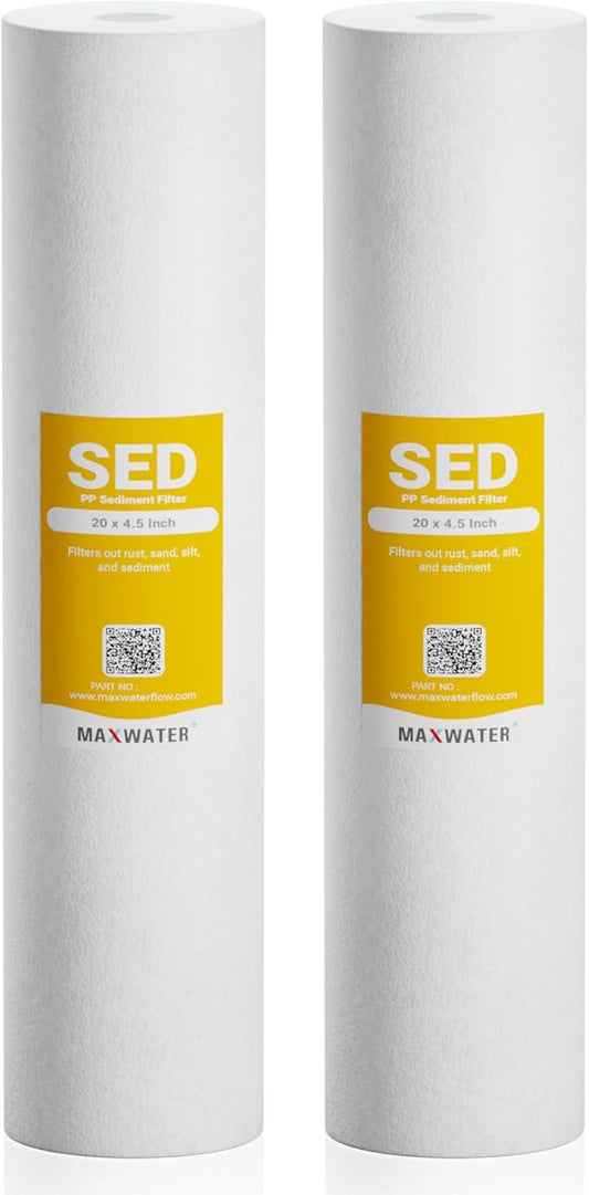 Max Water 1 Micron 20 x 4.5 Sediment Water Filter Cartridge - Whole House Water Filter Replacement Cartridge for Well Water System Compatible with DGD-5005-20, FP25B, AP810-2, FPMB5-20, 2-Pack