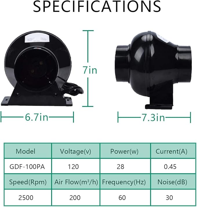 Ventilation Kit, 4 Inch Inline Fan 200 CFM Exhaust Blower, 4 Inch Carbon Fiber Filter Exhaust Fan Combo with 8 Feet Duct for Hydroponic Grow Tents and Basements