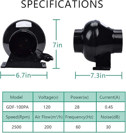 Ventilation Kit, 4 Inch Inline Fan 200 CFM Exhaust Blower, 4 Inch Carbon Fiber Filter Exhaust Fan Combo with 8 Feet Duct for Hydroponic Grow Tents and Basements