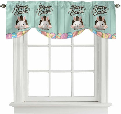 Green Easter Tie Up Valance Curtains for Windows, Kitchen Curtains Window Shades, Spring Cartoon Bunny Colorful Eggs Wood Grain Light Filtering Roman Curtain Valances for Bedroom/Bathroom/Cafe 42"x12"