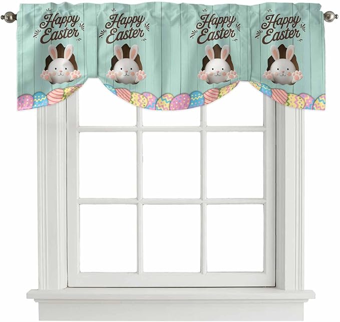 Green Easter Tie Up Valance Curtains for Windows, Kitchen Curtains Window Shades, Spring Cartoon Bunny Colorful Eggs Wood Grain Light Filtering Roman Curtain Valances for Bedroom/Bathroom/Cafe 60"x18"