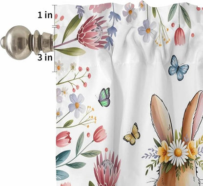 Kitchen Curtains Tiers and Valance Set of 3, Easter Light Filtering Window Curtain Set, Spring Flowers Wreath Rabbit Budding Florals Rod Pocket Curtain Drapes for Cafe, Living Room, 36 Inches Tiers