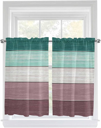 Retro Farm Woodcuts Texture Window Valance Curtains, Green Brown Gradient Light Filtering Kitchen Valance with 3-inch Rod Pocket for Living Room Bathroom Bedroom,2 Panel,27.5x45In