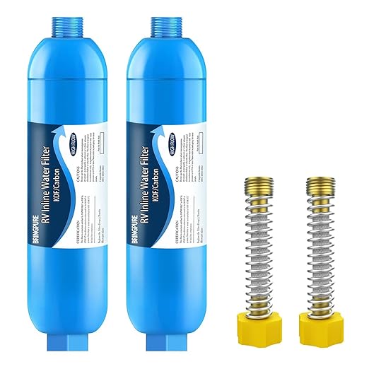 RV Inline Water Filter with Flexible Hose Protector, Certified by NSF to Reduce Bad Taste, Odors, Rust, Chlorine, Lead, Fluoride and More Sediment in Drinking Water (2 Packs)