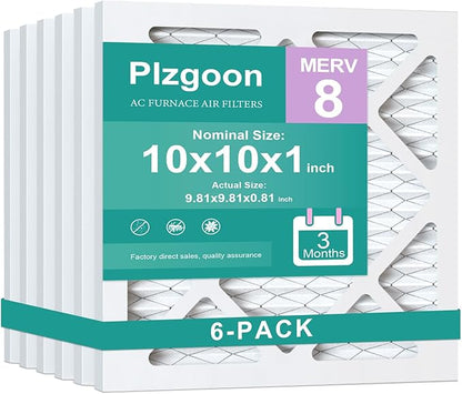 10x10x1 Air Filter MERV 8 (6 Pack) MPR 600 Pleated A/C Furnace Filters for Home Air Conditioner HVAC Furnace Replacement (Exact Dimensions: 9.81"L x 9.81"W x 0.81"Th)