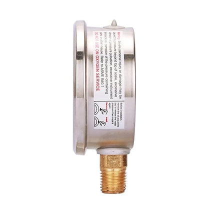 MEASUREMAN Lead-Free Pressure Gauge, 2-1/2inch Dial, Glycerin Filled, 0-100psi/kpa, Stainless Steel Case, 1/4inchNPT Lower Mount