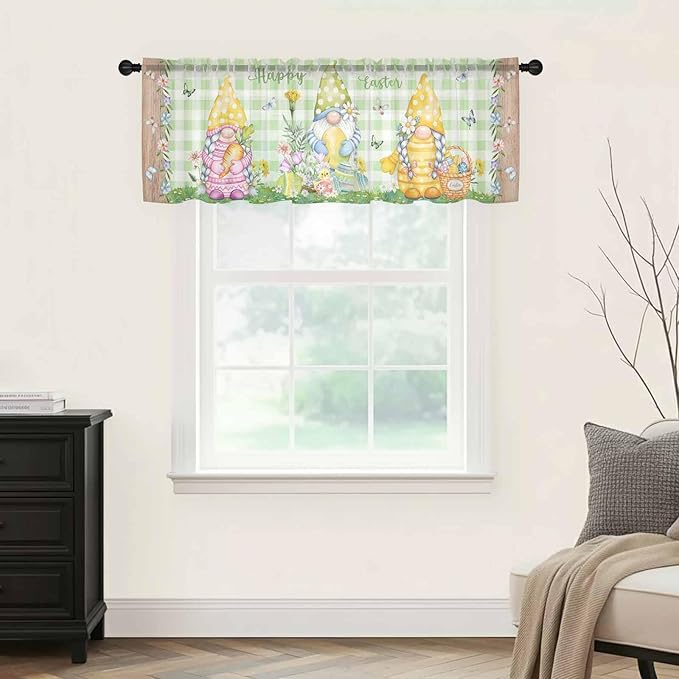Easter Sheer Valances for Windows 60"x18", Light Filtering Kitchen Curtains Valance, Gnomes Flowers Duck Eggs Green Lattice Wooden Rod Pocket Chiffon Curtains for Living Room Bedroom Cafe