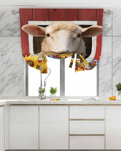 Tie Up Curtains for Windows, Sheep Sunflower Adjustable Balloon Nature Linen Textured Kitchen Curtain, Country Red Farm Barn Spring Flowers Tie Up Blackout Curtains for Bedroom, 52 x 63 Inches