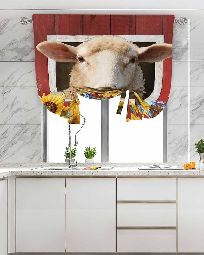 Tie Up Curtains for Windows, Sheep Sunflower Adjustable Balloon Nature Linen Textured Kitchen Curtain, Country Red Farm Barn Spring Flowers Decorative Tie Up Curtain for Window, 52" x 45"