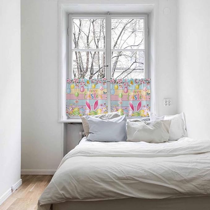 Colorful Easter Half Window Curtain 36 Inches Long, Spring Watercolor Bunny Egg Flower Wood Grain Window Treatment Curtain Drapes, Small Tier Curtains for Bathroom Over Sink, 27.5"x36", 2 Panels