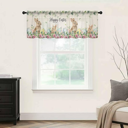 Easter Sheer Valances for Windows 42"x12", Light Filtering Kitchen Curtains Valance, Spring Watercolor Bunny Eggs Flower Leaf Beige Rod Pocket Chiffon Curtains for Living Room Bedroom Cafe