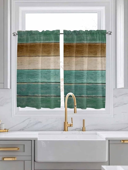 Vintage Plank Turquoise Brown Window Valance Curtains, Farmhouse Wood Grain Light Filtering Kitchen Valance with 3-inch Rod Pocket for Living Room Bathroom Bedroom,2 Panel,42x54In
