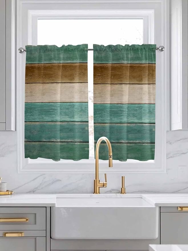 Vintage Plank Turquoise Brown Window Valance Curtains, Farmhouse Wood Grain Light Filtering Kitchen Valance with 3-inch Rod Pocket for Living Room Bathroom Bedroom,2 Panel,27.5x45In