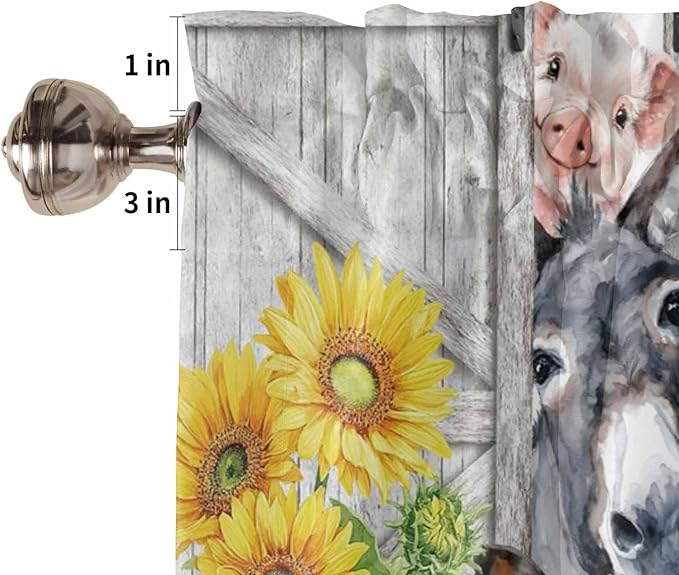 Farmhouse Kitchen Curtains 54 Inches length, Watercolor Sunflowers Animals Printed Wood Grain Window Treatment Curtain Drapes, Decorative Window Curtains for Bedroom Cafe, 52"x54", 2 Panels