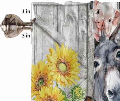 Farmhouse Kitchen Curtains 54 Inches length, Watercolor Sunflowers Animals Printed Wood Grain Window Treatment Curtain Drapes, Decorative Window Curtains for Bedroom Cafe, 52"x54", 2 Panels