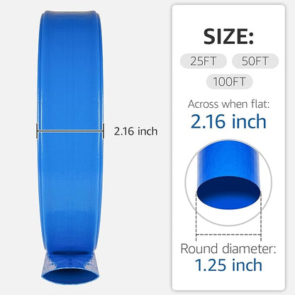 1.25" x 100 FT Pool Backwash Hose, Heavy Duty PVC Discharge Hose, Lay Flat Discharge Hose with 2 Clamps, Pool Drain Hoses for Inground Pools, Pool Filter, Weather and Burst Resistant, 6 Bar