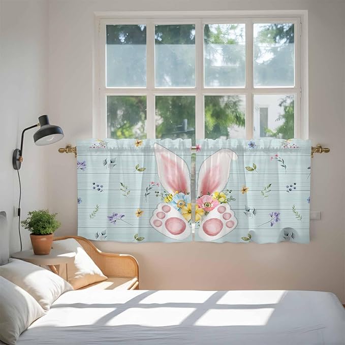 Easter Kitchen Tier Curtains 36 Inch Long 2 Panel Set,Rod Pocket Half Window Curtains Over Sink,Spring Rabbits Ears Feet Flowers Wooden Grain Light Filtering Short Drapes Cafe 27.5"W x 36"L