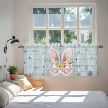 Easter Kitchen Tier Curtains 36 Inch Long 2 Panel Set,Rod Pocket Half Window Curtains Over Sink,Spring Rabbits Ears Feet Flowers Wooden Grain Light Filtering Short Drapes Cafe 27.5"W x 36"L