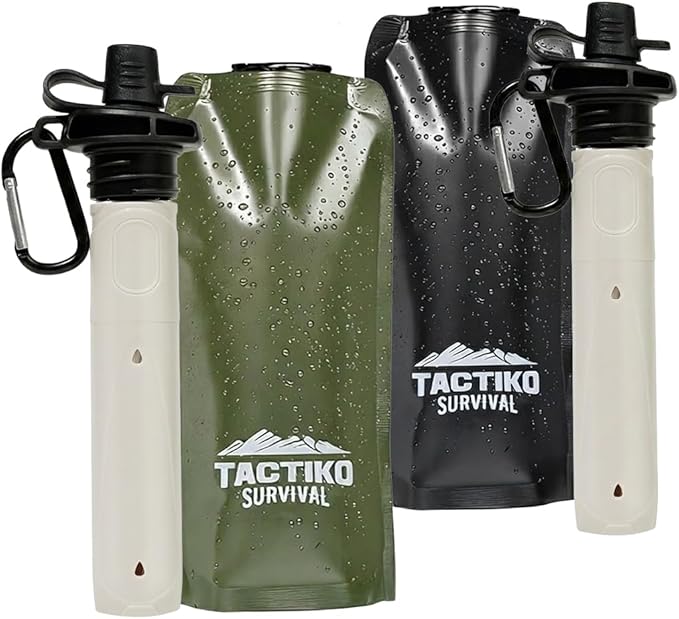 2-Pack Tactiko Survival 20oz/600ml Filtered Water Bottle Kit - Purify 265 Gal. Water from Rivers, Lakes & Streams - SGS Certified - UF Membrane, Activated Carbon - Camping, Emergency (Green/Black)