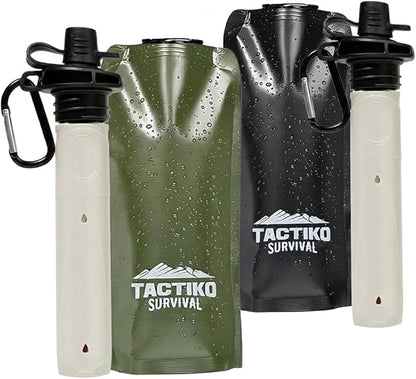 2-Pack Tactiko Survival 20oz/600ml Filtered Water Bottle Kit - Purify 265 Gal. Water from Rivers, Lakes & Streams - SGS Certified - UF Membrane, Activated Carbon - Camping, Emergency (Green/Black)