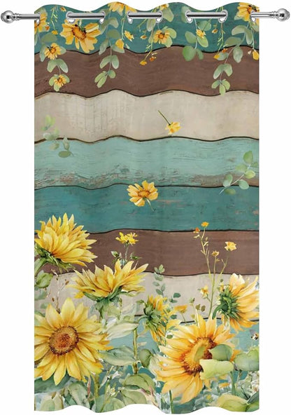 Sunflowers Outdoor Curtains for Patio Summer Floral Eucalyptus Leaves Vintage Wood Waterproof Outside Curtains with Grommet Top Weatherproof Curtain for Cabana Pergola Gazebo, 1 Panel, 54" W x 108" L