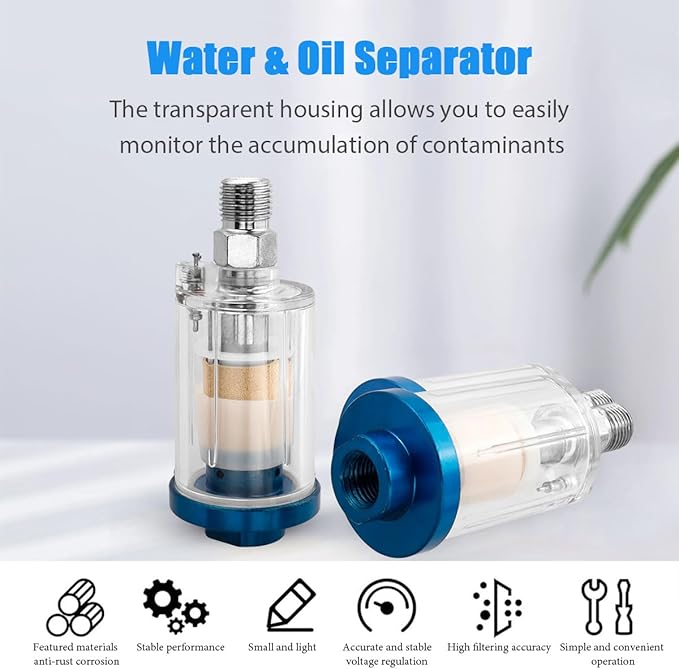 3 Pcs Compressed Air Filter Water Oil Separator, 1/4 Inch NPT Inlet and Outlet Water Separator Air Compressor Moisture Filter for Air Line Compressor Fitting